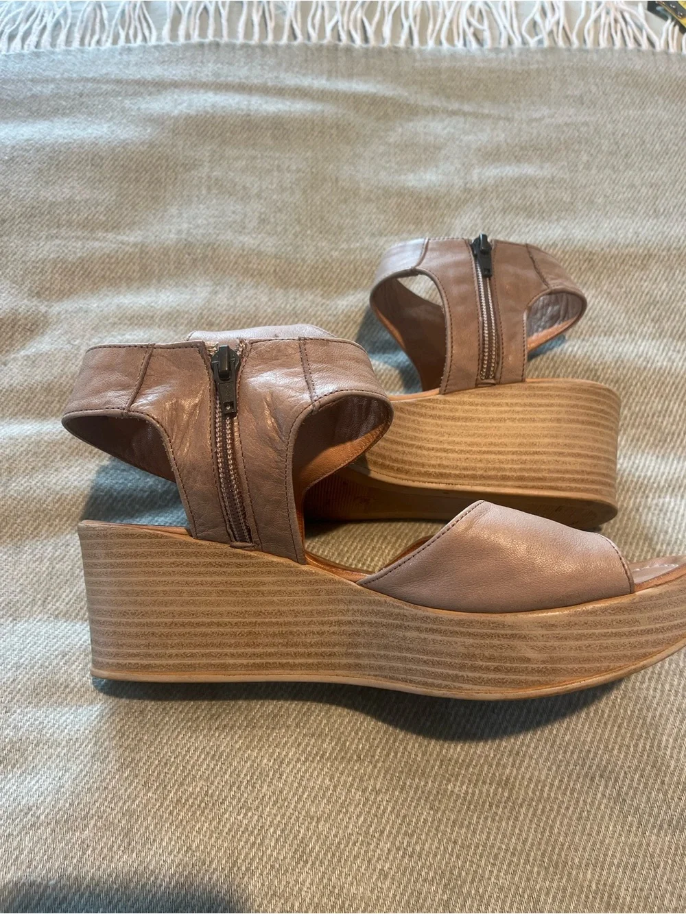 Comfort Step Tan Platform Sandals with Ankle Zip